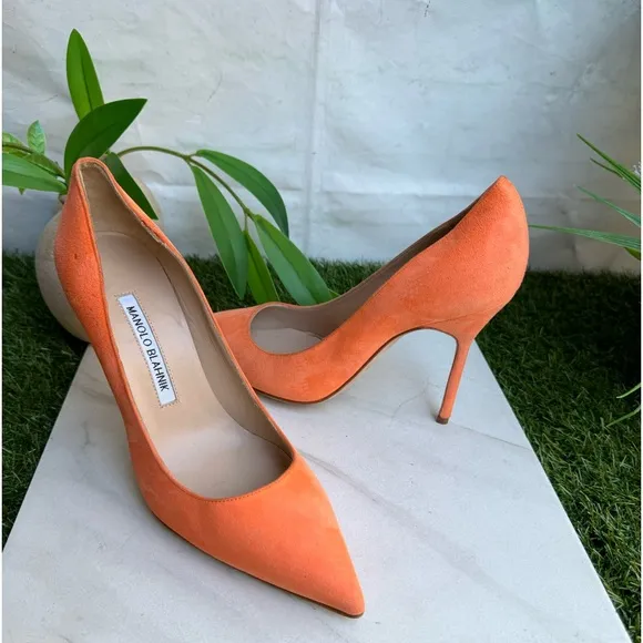 MANOLO BLAHNIK100 mm Suede Stiletto Pumps Orange size 36.5 US 6.5