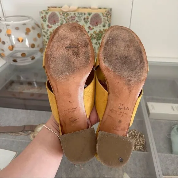 Mansur Gavriel Yellow Sun Suede Crisscross Crossover Block Heel Sandals Size 39