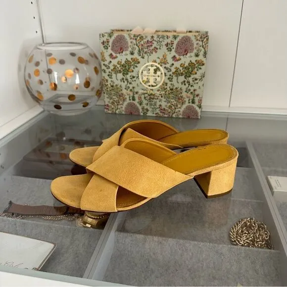Mansur Gavriel Yellow Sun Suede Crisscross Crossover Block Heel Sandals Size 39