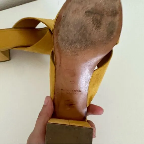 Mansur Gavriel Yellow Sun Suede Crisscross Crossover Block Heel Sandals Size 39