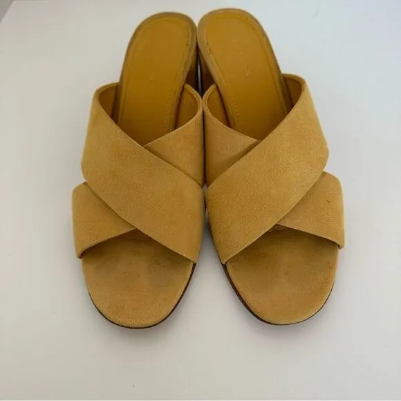 Mansur Gavriel Yellow Sun Suede Crisscross Crossover Block Heel Sandals Size 39
