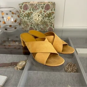 Mansur Gavriel Yellow Sun Suede Crisscross Crossover Block Heel Sandals Size 39