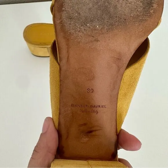 Mansur Gavriel Yellow Sun Suede Crisscross Crossover Block Heel Sandals Size 39