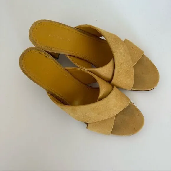 Mansur Gavriel Yellow Sun Suede Crisscross Crossover Block Heel Sandals Size 39