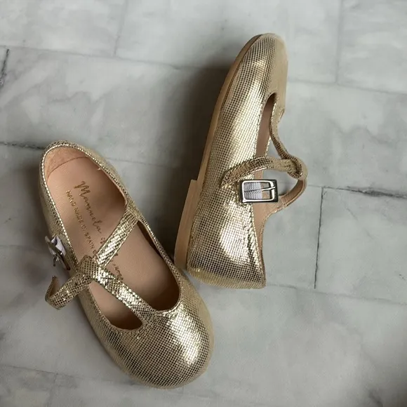 Manuela de Juan Little Girl’s Gold T-Strap Mary Janes