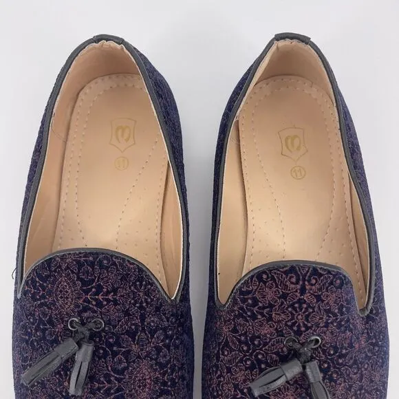 Manyaar Midnight Blue Tassel Trim Loafer Jutis Floral Velvet Men's Size 11