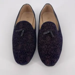 Manyaar Midnight Blue Tassel Trim Loafer Jutis Floral Velvet Men's Size 11