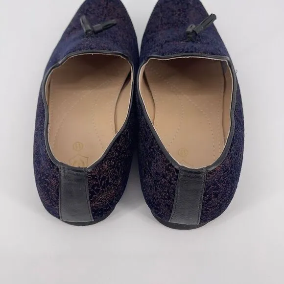 Manyaar Midnight Blue Tassel Trim Loafer Jutis Floral Velvet Men's Size 11