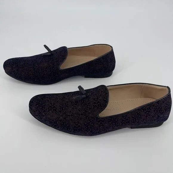 Manyaar Midnight Blue Tassel Trim Loafer Jutis Floral Velvet Men's Size 11
