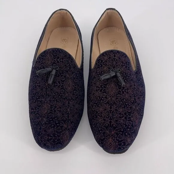 Manyaar Midnight Blue Tassel Trim Loafer Jutis Floral Velvet Men's Size 11