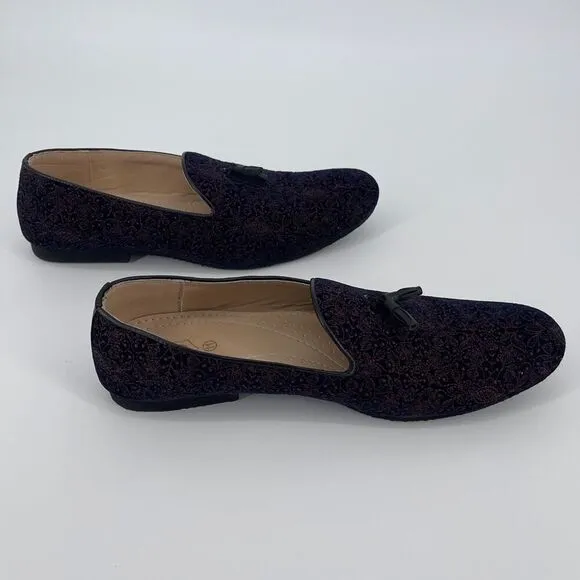 Manyaar Midnight Blue Tassel Trim Loafer Jutis Floral Velvet Men's Size 11