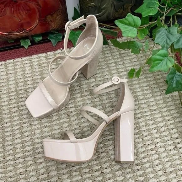 Marc Fisher Frita Ankle Strap Platform Sandal in Nude Patent Size 9