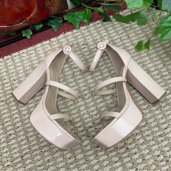 Marc Fisher Frita Ankle Strap Platform Sandal in Nude Patent Size 9