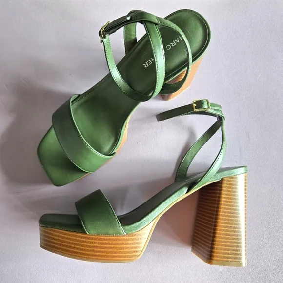 Marc Fisher Green Block Heel Sandals Women's 10 Retro 70s Party Boho Eclectic