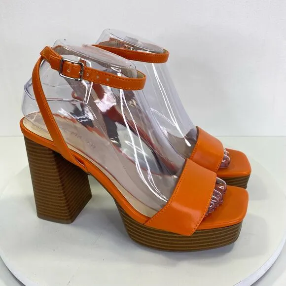 Marc Fisher Platform Heels Womens Sz 7 Orange Strappy Sandal Block Heels Rave