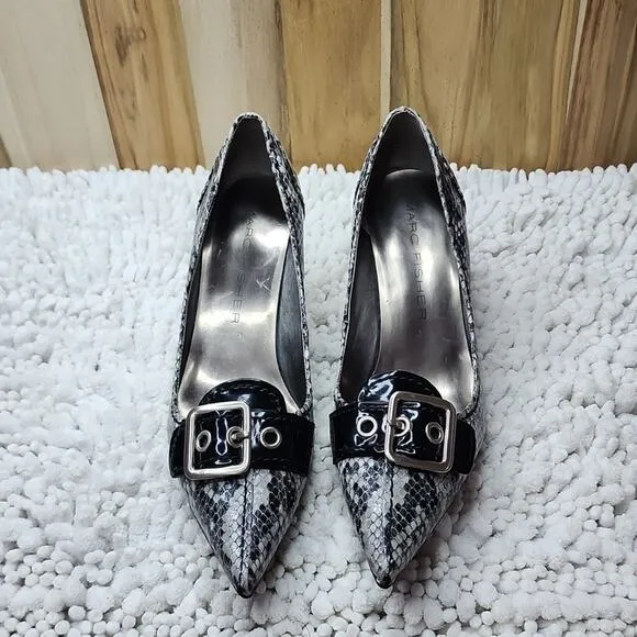 MARC FISHER POINTED TOE BLACK/WHITE SNAKE PRINT WITH BUCKLE WOMAN'S SIZE 8.5 🔥