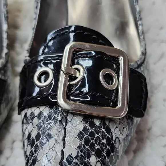 MARC FISHER POINTED TOE BLACK/WHITE SNAKE PRINT WITH BUCKLE WOMAN'S SIZE 8.5 🔥