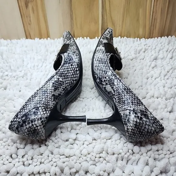 MARC FISHER POINTED TOE BLACK/WHITE SNAKE PRINT WITH BUCKLE WOMAN'S SIZE 8.5 🔥