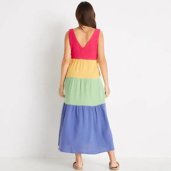 Marine Layer Corinne Dress Sleeveless Tiered Maxi Rainbow Colorblock NWT XL
