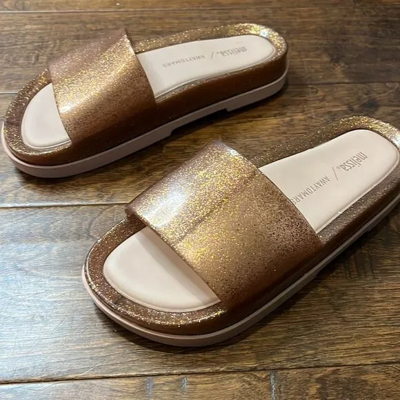 MELISSA BEACH SLIDE PLATFORM   AWAY TO MARS, Gold Glitter, size 6