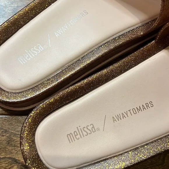 MELISSA BEACH SLIDE PLATFORM   AWAY TO MARS, Gold Glitter, size 6