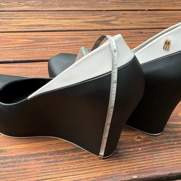 “Melissa” Black Color block wedges Shoes White Accent Detail