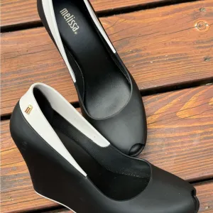 “Melissa” Black Color block wedges Shoes White Accent Detail