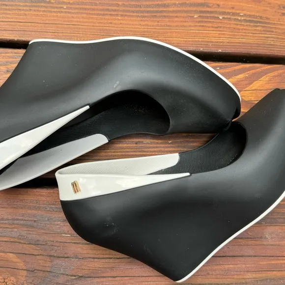 “Melissa” Black Color block wedges Shoes White Accent Detail