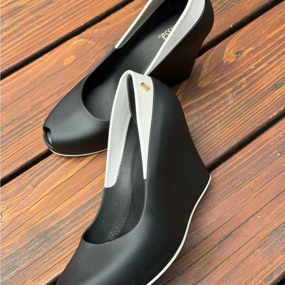 “Melissa” Black Color block wedges Shoes White Accent Detail