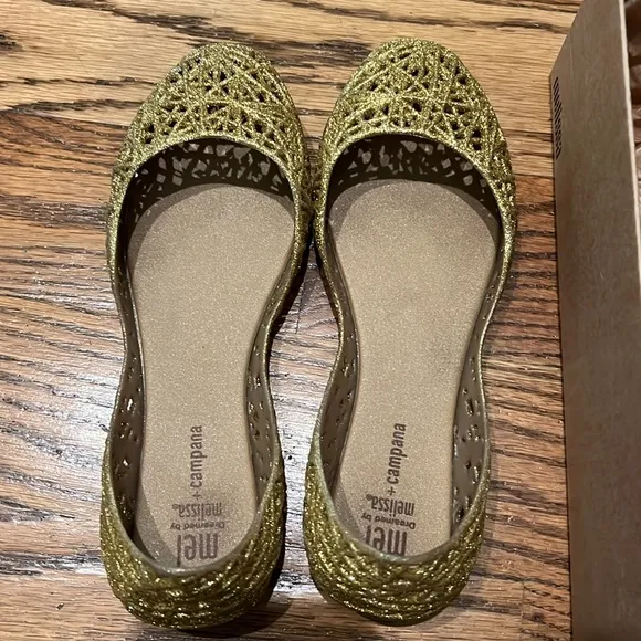 Melissa Mini Campana Papel ballet gold glitter pumps size 3 EUC