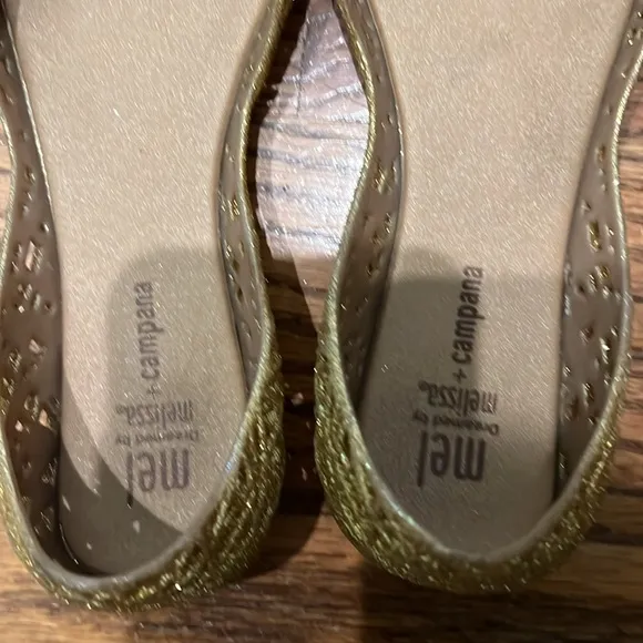 Melissa Mini Campana Papel ballet gold glitter pumps size 3 EUC