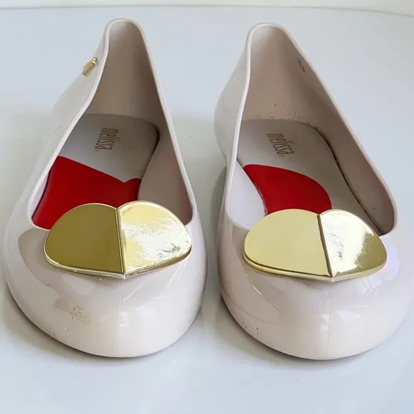 Melissa Space Love Special Cream Nude Beige Gold Heart Jelly Rubber Flats Size 9