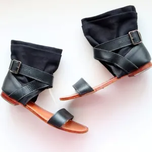 Mellow Yellow Black Leather &amp; Linen Flat Gladiator Sandals Open Toe Summer Shoes