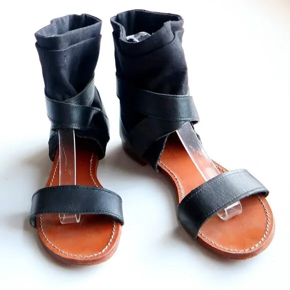 Mellow Yellow Black Leather &amp; Linen Flat Gladiator Sandals Open Toe Summer Shoes