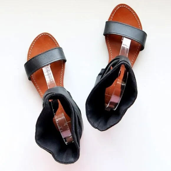 Mellow Yellow Black Leather &amp; Linen Flat Gladiator Sandals Open Toe Summer Shoes