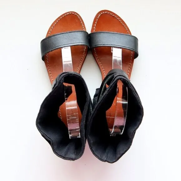 Mellow Yellow Black Leather &amp; Linen Flat Gladiator Sandals Open Toe Summer Shoes
