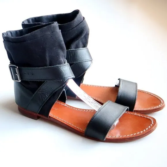 Mellow Yellow Black Leather &amp; Linen Flat Gladiator Sandals Open Toe Summer Shoes
