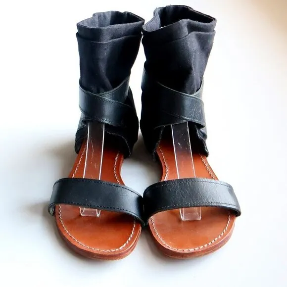 Mellow Yellow Black Leather &amp; Linen Flat Gladiator Sandals Open Toe Summer Shoes
