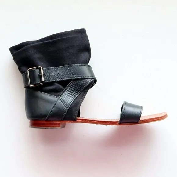 Mellow Yellow Black Leather &amp; Linen Flat Gladiator Sandals Open Toe Summer Shoes