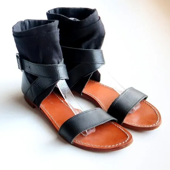 Mellow Yellow Black Leather &amp; Linen Flat Gladiator Sandals Open Toe Summer Shoes