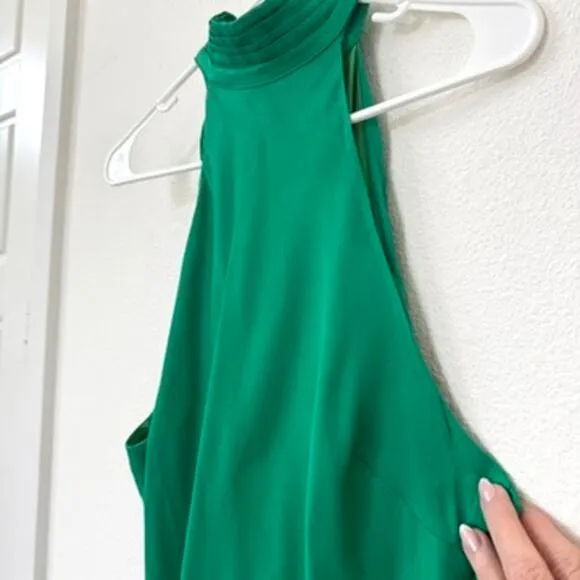MESHKI Green Halter Backless Gown XL Pleated Neck Evening Dress Formal Maxi