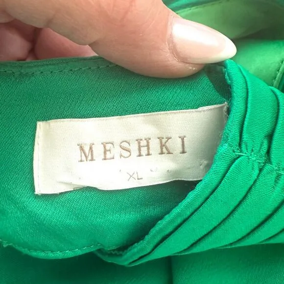 MESHKI Green Halter Backless Gown XL Pleated Neck Evening Dress Formal Maxi