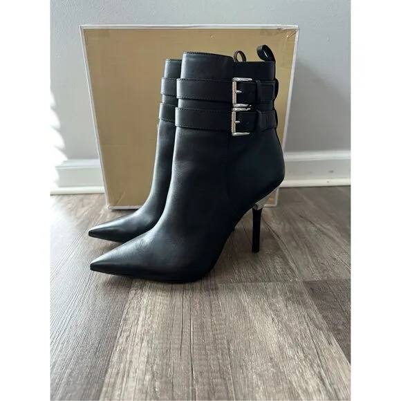 Michael Kors Amal Leather Pointed Toe Double Buckle Stiletto Booties Black Sz 10
