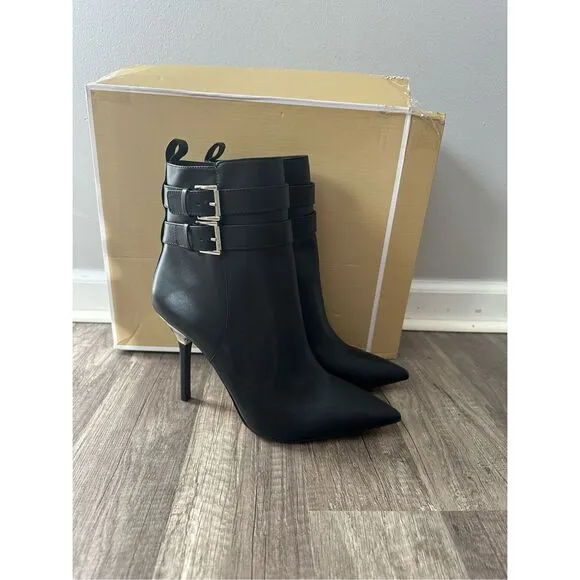 Michael Kors Amal Leather Pointed Toe Double Buckle Stiletto Booties Black Sz 10