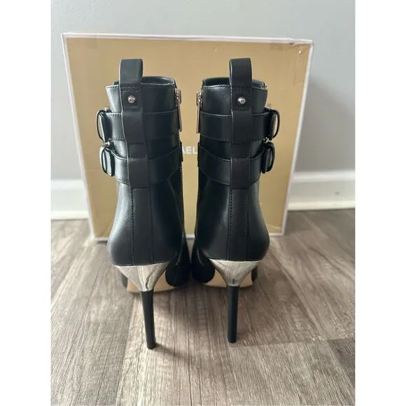 Michael Kors Amal Leather Pointed Toe Double Buckle Stiletto Booties Black Sz 10