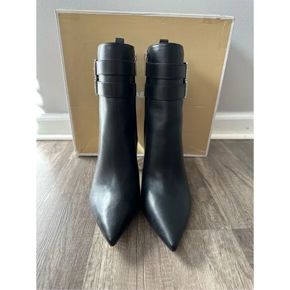 Michael Kors Amal Leather Pointed Toe Double Buckle Stiletto Booties Black Sz 10