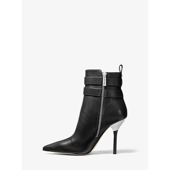 Michael Kors Amal Leather Pointed Toe Double Buckle Stiletto Booties Black Sz 10