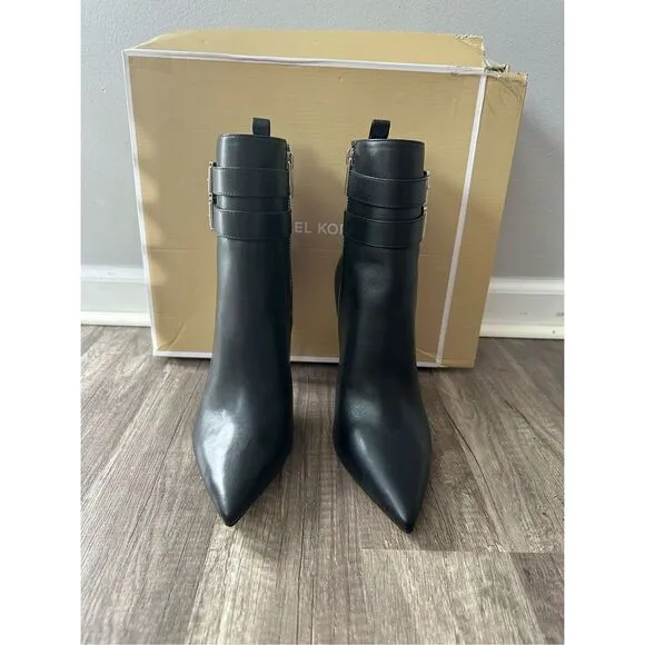 Michael Kors Amal Leather Pointed Toe Double Buckle Stiletto Booties Black Sz 10