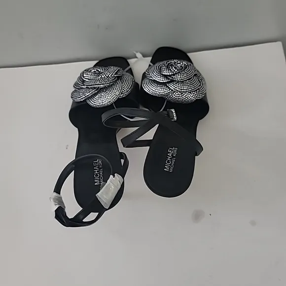 Michael Kors Elodie Leather Rhinestone Flower Dress Sandals