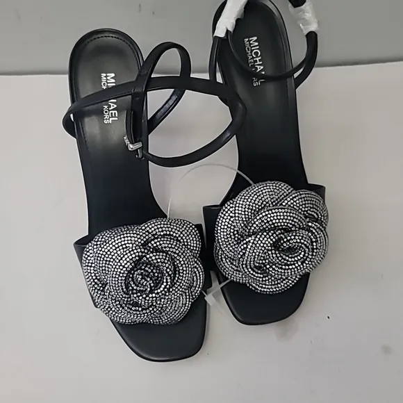 Michael Kors Elodie Leather Rhinestone Flower Dress Sandals